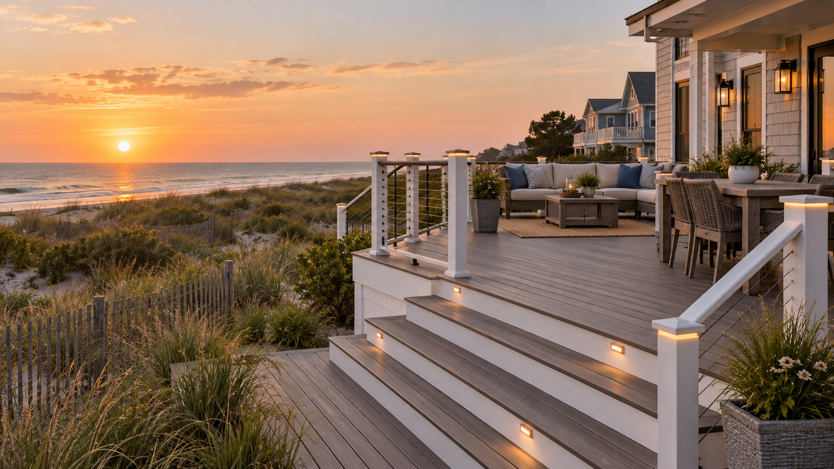 Coastal composite deck with cable railings and integrated lighting at sunset